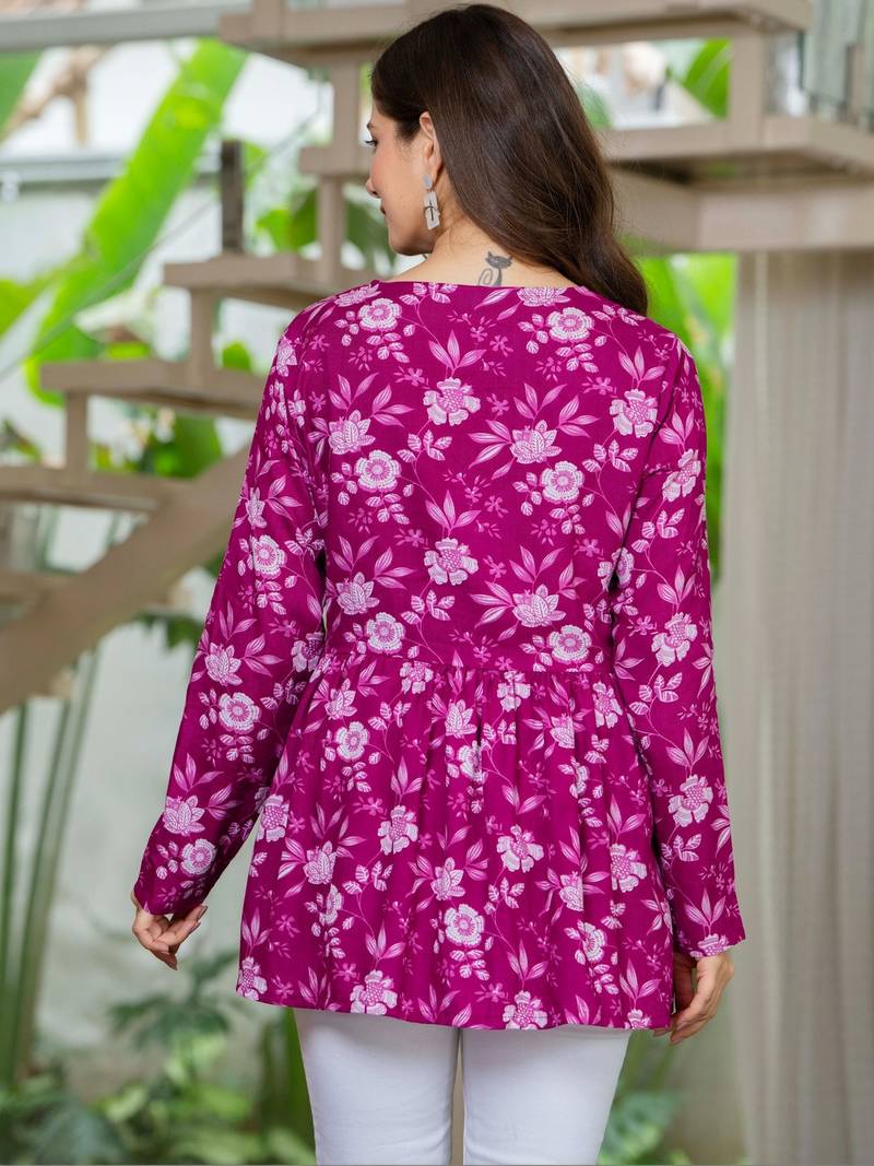 Womens purple self design cotton fabric kurtis 3/4 sleeves v-neck