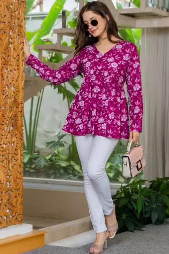 Womens purple self design cotton fabric kurtis 3/4 sleeves v-neck