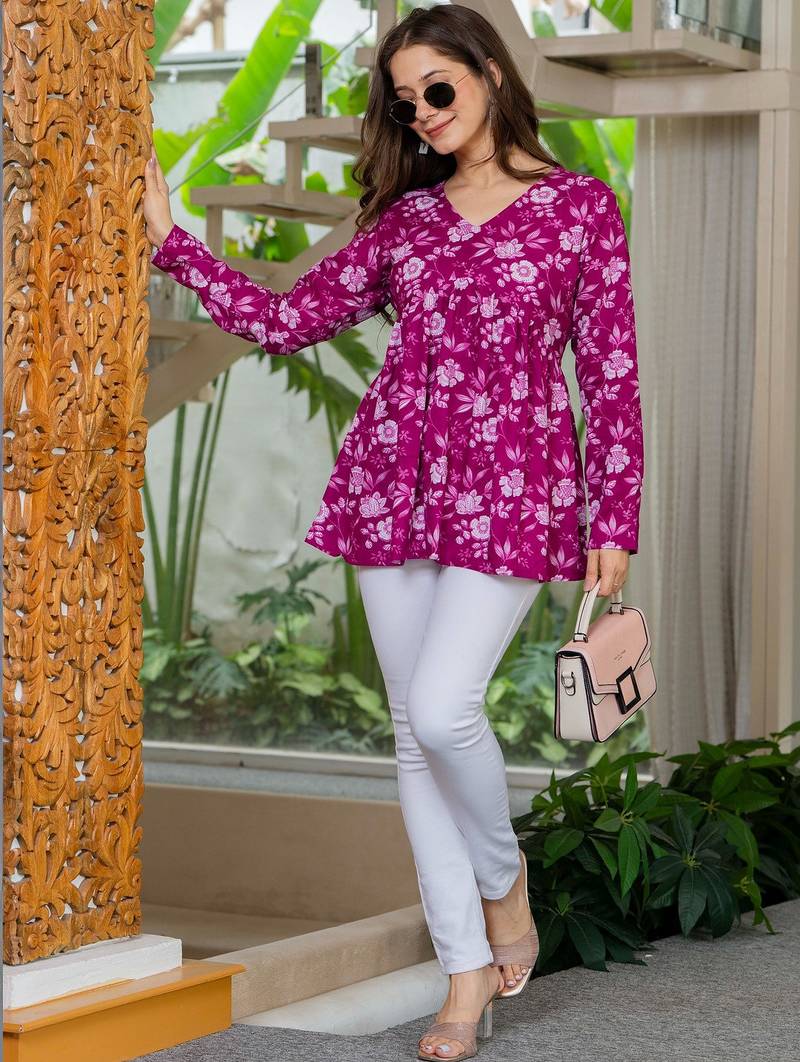 Womens purple self design cotton fabric kurtis 3/4 sleeves v-neck