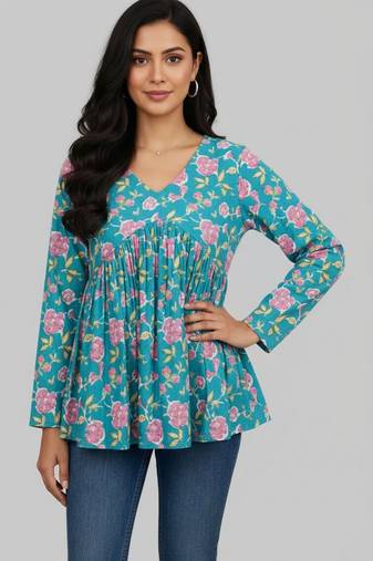 Womens teal self design cotton fabric kurtis 3/4 sleeves v-neck