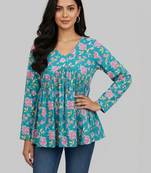 Womens teal self design cotton fabric kurtis 3/4 sleeves v-neck