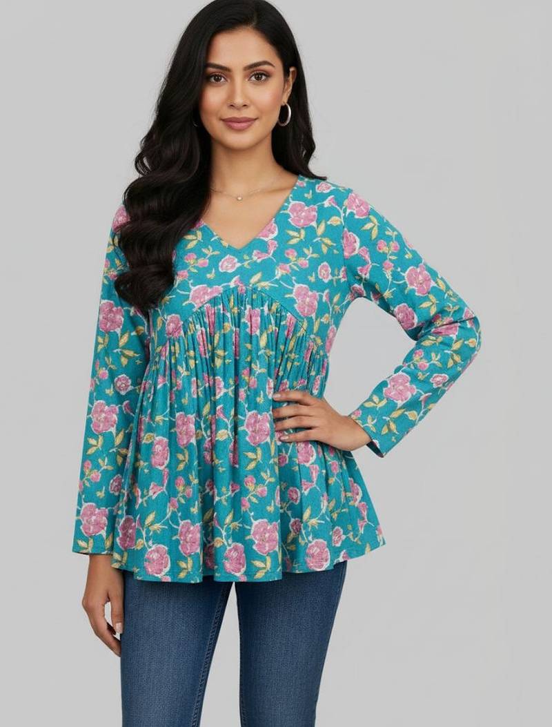 Womens teal self design cotton fabric kurtis 3/4 sleeves v-neck