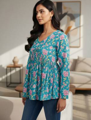 Womens teal self design cotton fabric kurtis 3/4 sleeves v-neck 2