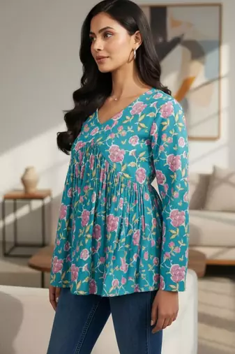Womens teal self design cotton fabric kurtis 3/4 sleeves v-neck