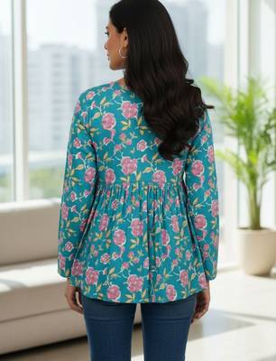 Womens teal self design cotton fabric kurtis 3/4 sleeves v-neck 3