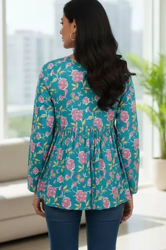 Womens teal self design cotton fabric kurtis 3/4 sleeves v-neck