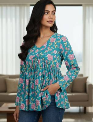 Womens teal self design cotton fabric kurtis 3/4 sleeves v-neck 4