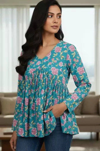 Womens teal self design cotton fabric kurtis 3/4 sleeves v-neck
