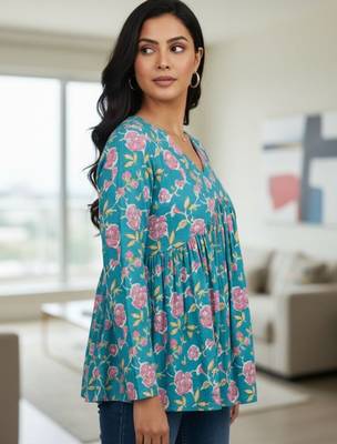 Womens teal self design cotton fabric kurtis 3/4 sleeves v-neck 5