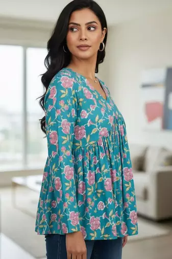 Womens teal self design cotton fabric kurtis 3/4 sleeves v-neck