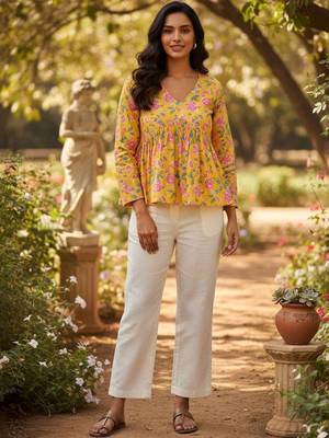 Womens yellow self design cotton fabric kurtis 3/4 sleeves v-neck 1