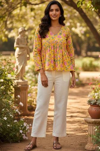 Womens yellow self design cotton fabric kurtis 3/4 sleeves v-neck
