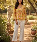 Womens yellow self design cotton fabric kurtis 3/4 sleeves v-neck