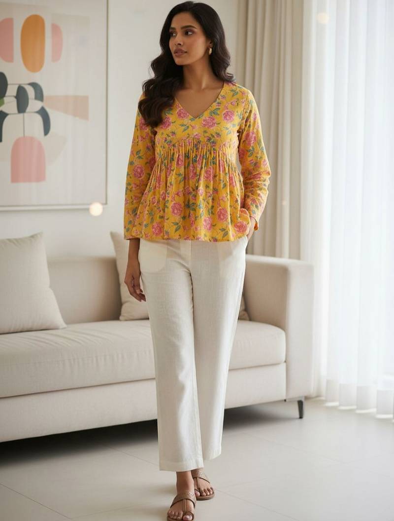 Womens yellow self design cotton fabric kurtis 3/4 sleeves v-neck