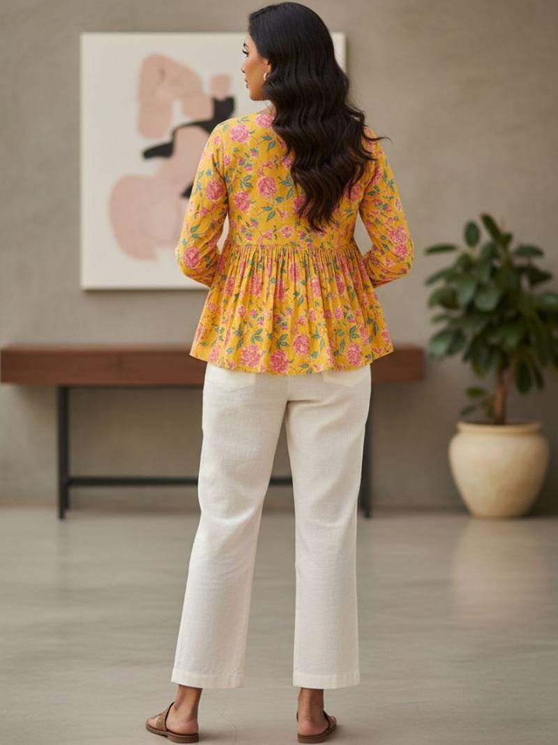 Womens yellow self design cotton fabric kurtis 3/4 sleeves v-neck