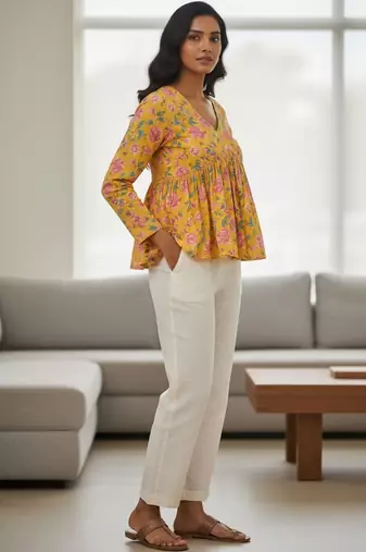 Womens yellow self design cotton fabric kurtis 3/4 sleeves v-neck