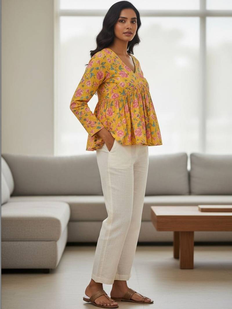 Womens yellow self design cotton fabric kurtis 3/4 sleeves v-neck