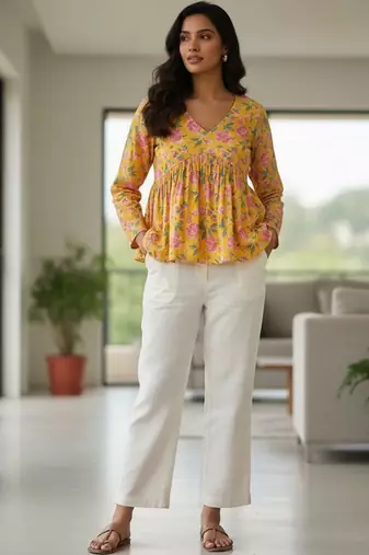 Womens yellow self design cotton fabric kurtis 3/4 sleeves v-neck