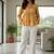 Womens yellow self design cotton fabric kurtis 3/4 sleeves v-neck