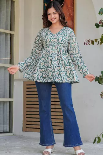 Womens teal self design cotton fabric kurtis 3/4 sleeves v-neck