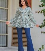 Womens teal self design cotton fabric kurtis 3/4 sleeves v-neck
