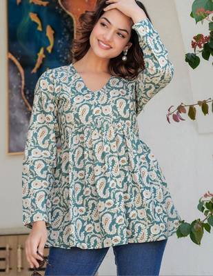 Womens teal self design cotton fabric kurtis 3/4 sleeves v-neck 2