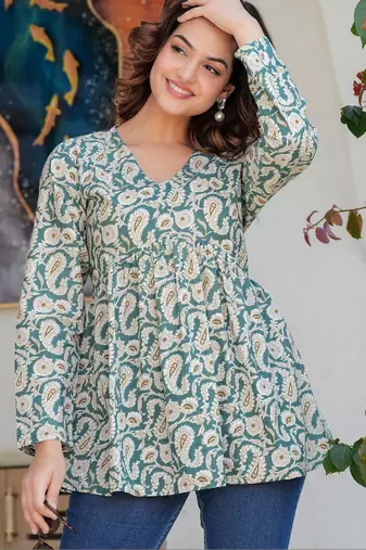 Womens teal self design cotton fabric kurtis 3/4 sleeves v-neck