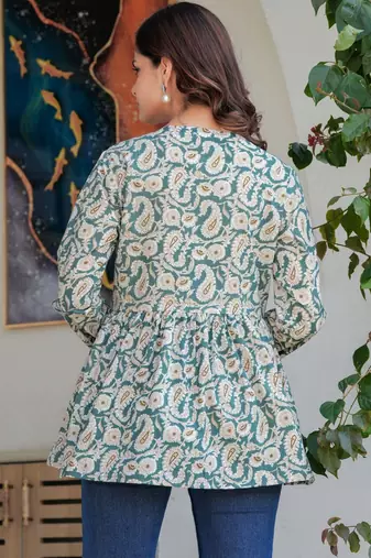 Womens teal self design cotton fabric kurtis 3/4 sleeves v-neck