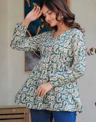 Womens teal self design cotton fabric kurtis 3/4 sleeves v-neck 4