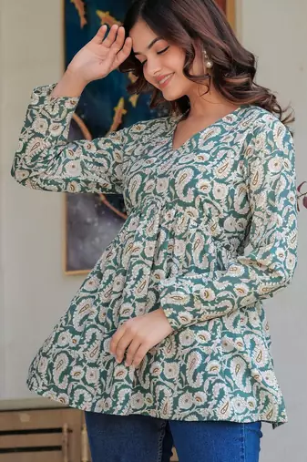 Womens teal self design cotton fabric kurtis 3/4 sleeves v-neck