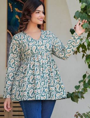 Womens teal self design cotton fabric kurtis 3/4 sleeves v-neck 5