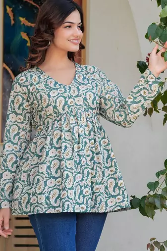 Womens teal self design cotton fabric kurtis 3/4 sleeves v-neck