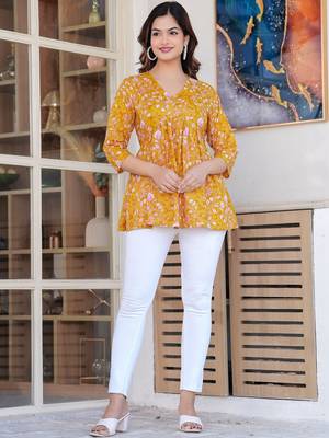 Womens yellow self design cotton fabric kurtis 3/4 sleeves v-neck 1