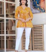 Womens yellow self design cotton fabric kurtis 3/4 sleeves v-neck