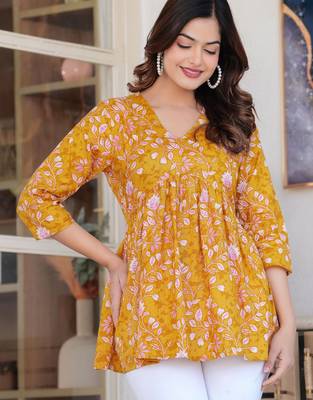Womens yellow self design cotton fabric kurtis 3/4 sleeves v-neck 2