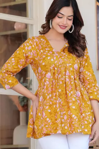 Womens yellow self design cotton fabric kurtis 3/4 sleeves v-neck