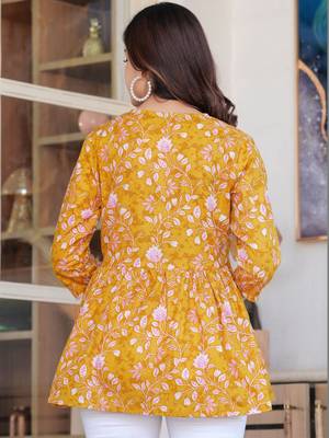 Womens yellow self design cotton fabric kurtis 3/4 sleeves v-neck 3