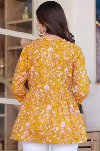 Womens yellow self design cotton fabric kurtis 3/4 sleeves v-neck