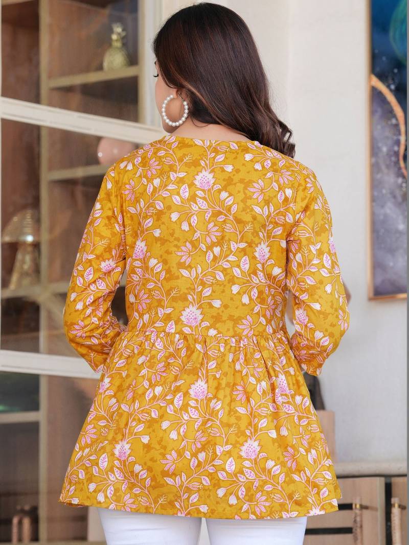 Womens yellow self design cotton fabric kurtis 3/4 sleeves v-neck