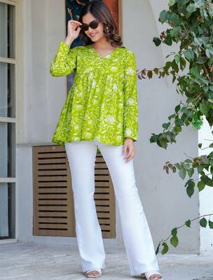 Womens lime green self design cotton fabric kurtis 3/4 sleeves v-neck 1