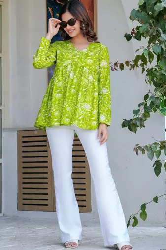 Womens lime green self design cotton fabric kurtis 3/4 sleeves v-neck