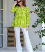 Womens lime green self design cotton fabric kurtis 3/4 sleeves v-neck