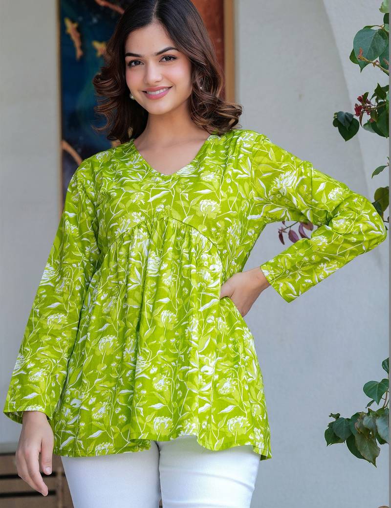 Womens lime green self design cotton fabric kurtis 3/4 sleeves v-neck