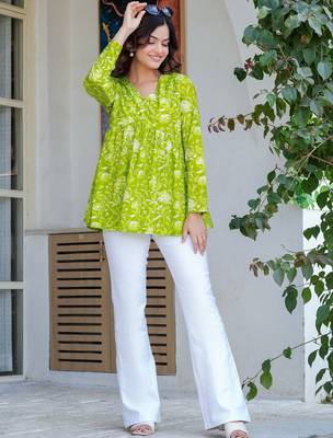 Womens lime green self design cotton fabric kurtis 3/4 sleeves v-neck 4