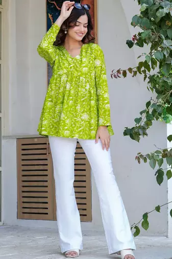 Womens lime green self design cotton fabric kurtis 3/4 sleeves v-neck