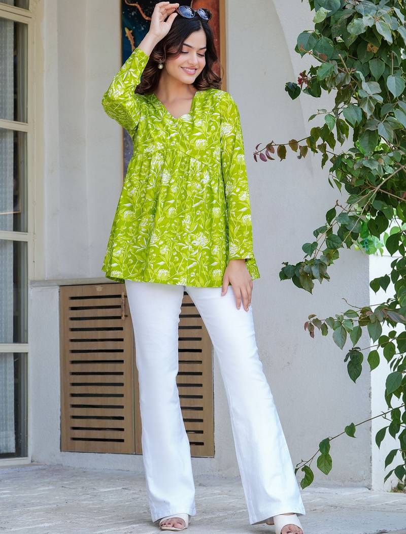Womens lime green self design cotton fabric kurtis 3/4 sleeves v-neck
