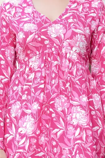 Womens pink self design cotton fabric kurtis 3/4 sleeves v-neck