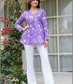 Womens purple self design cotton fabric kurtis 3/4 sleeves v-neck