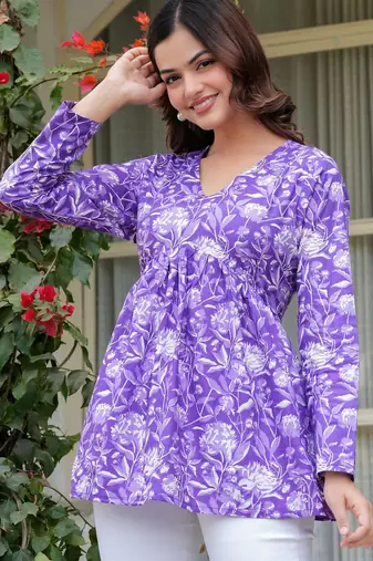 Womens purple self design cotton fabric kurtis 3/4 sleeves v-neck