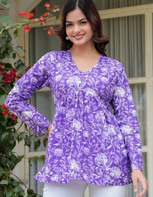 Womens purple self design cotton fabric kurtis 3/4 sleeves v-neck 4